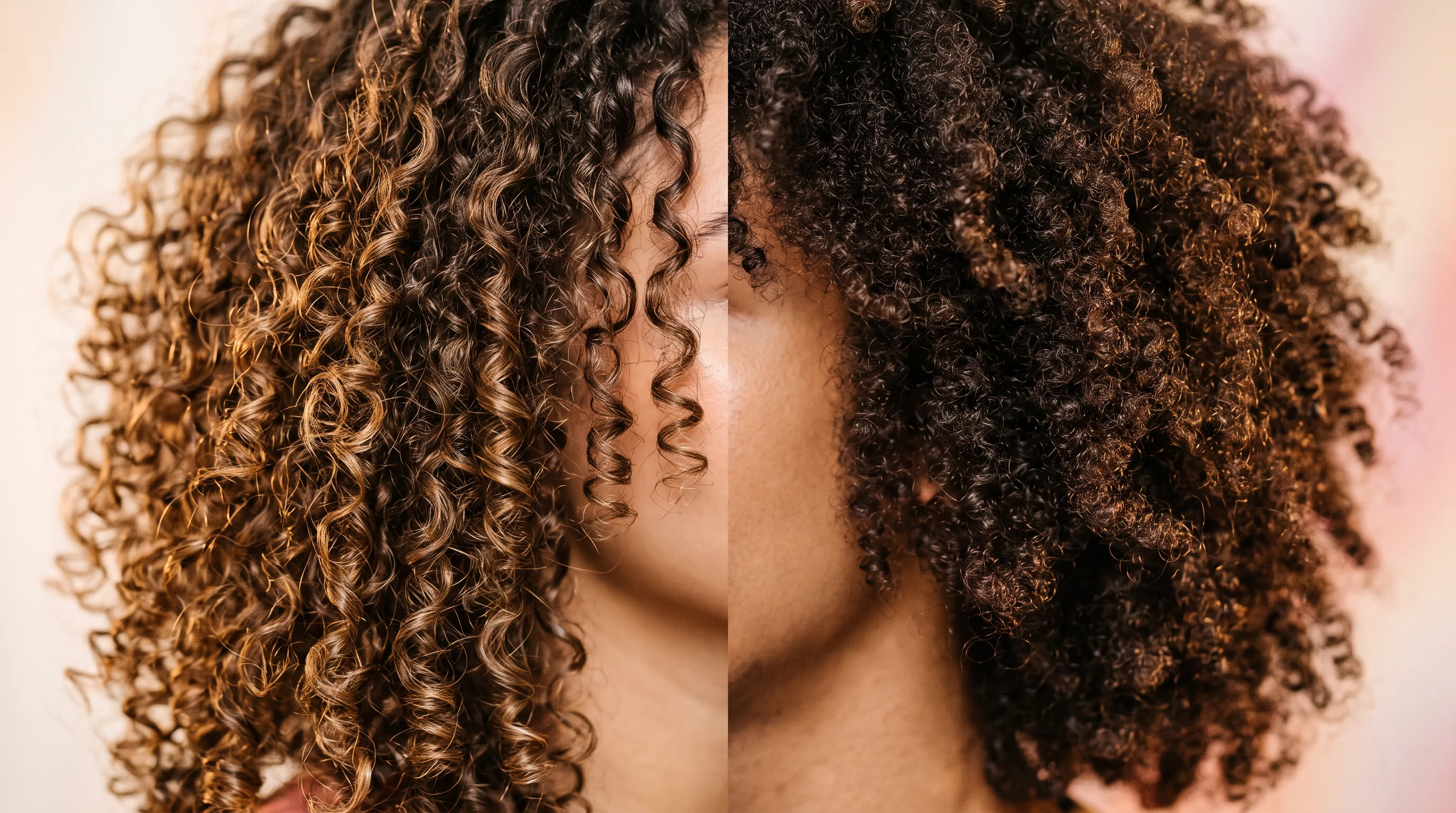 Gros plan sur deux textures de boucles naturelles, définies et rebondies