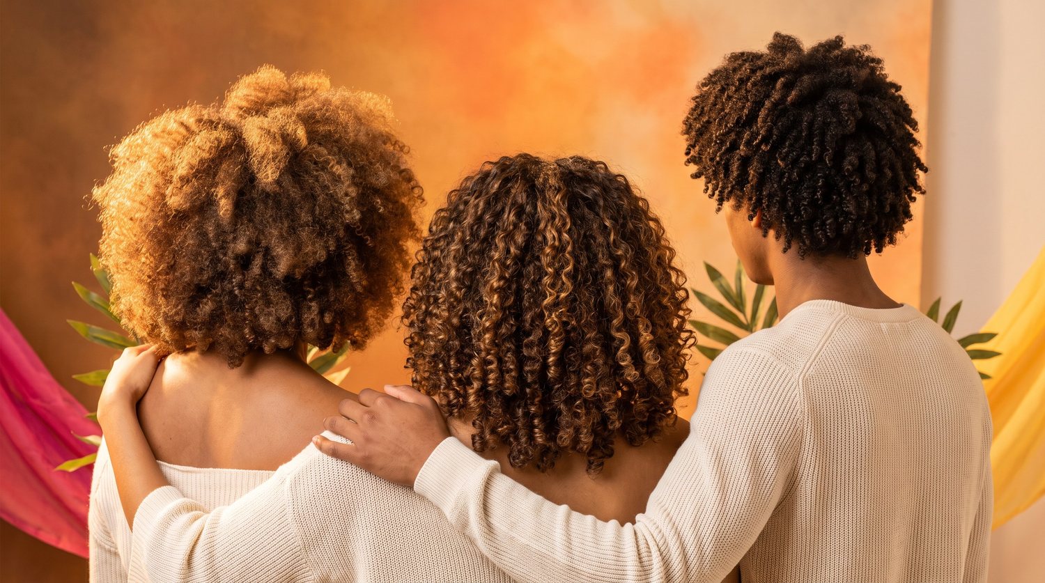 La famille Saf & Vic, de dos, célébrant toutes les textures de boucles